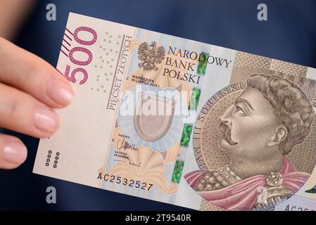 Polnisches Geld in der Hand einer Frau. Stockfoto