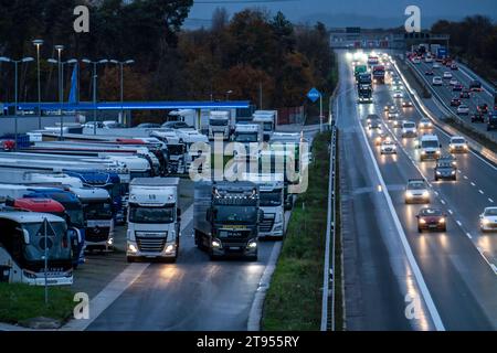 Rastplatz Ohligser Heide West, an der Autobahn A3, Fahrrichtung Köln, bei Solingen, volle LKW Parkplätze, NRW, Deutschland, Autobahn Rastplatz *** Rastplatz Ohligser Heide West, an der Autobahn A3, Richtung Köln, bei Solingen, volle LKW-Parkplätze, NRW, Deutschland, Rastplatz auf der Autobahn Credit: Imago/Alamy Live News Stockfoto