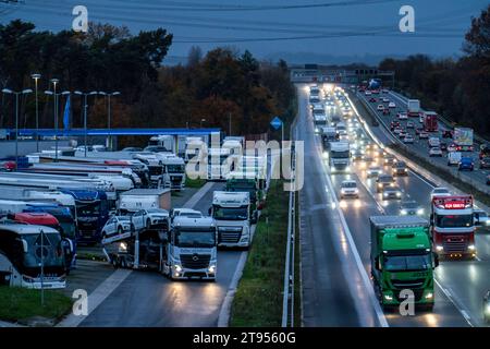 Rastplatz Ohligser Heide West, an der Autobahn A3, Fahrrichtung Köln, bei Solingen, volle LKW Parkplätze, NRW, Deutschland, Autobahn Rastplatz *** Rastplatz Ohligser Heide West, an der Autobahn A3, Richtung Köln, bei Solingen, volle LKW-Parkplätze, NRW, Deutschland, Rastplatz auf der Autobahn Credit: Imago/Alamy Live News Stockfoto