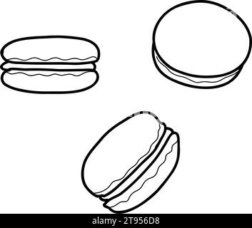 Makronen Kuchen Ikonen, Vektorillustration im Doodle-Stil. Line Art handgezeichnetes süßes Gebäck isolierte Elemente. Für Café-Menü oder Süßwaren Stock Vektor