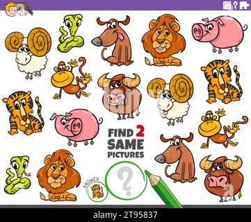 Cartoon-Illustration von zwei gleichen Bildern Lernspiel mit Tierfiguren Stock Vektor