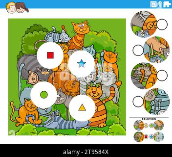 Cartoon Illustration des lehrreichen Match the Pieces Puzzlespiel mit Comic Katzen Tierfiguren Stock Vektor