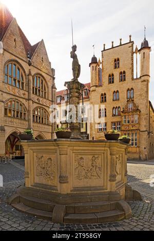 Historischer Marktplatz mit Rolandbrunnen mit Rathaus und Tempelhaus, Deutschland, Niedersachsen, Hildesheim Stockfoto