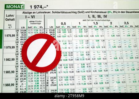 Lohnzettel mit Verbotszeichen, Abschaffung des Solidaritätszuschlags in Deutschland Stockfoto