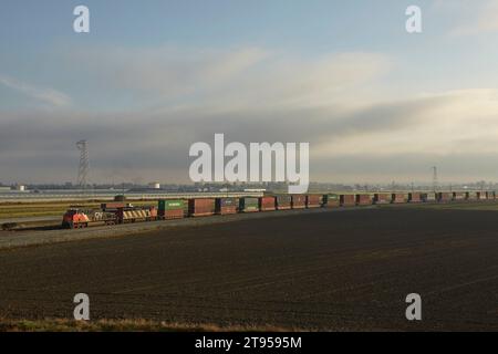 CNR-Güterzug mit Containergütern, der am frühen Morgen durch Ackerland fährt, zur Ausfuhr nach Deltaport. Stockfoto