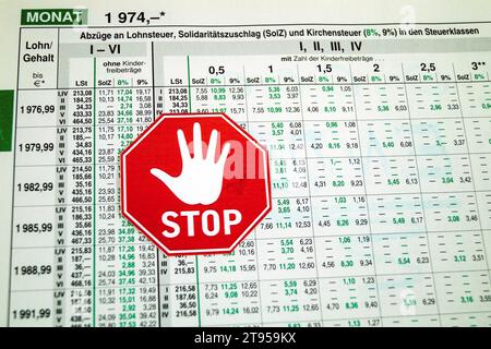Lohnzettel mit Stoppzeichen, Abschaffung des Solidaritätszuschlags in Deutschland Stockfoto