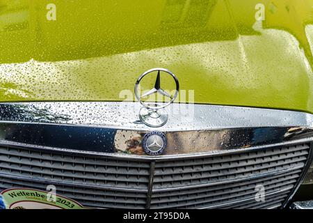 WETTENBERG, HESSEN, DEUTSCHLAND - 07 - 28 - 2023: MERCEDES Star auf einem klassischen MERCEDES BENZ auf einer Traditionswagenschau Golden Oldies bei Gießen, Hessen. Stockfoto