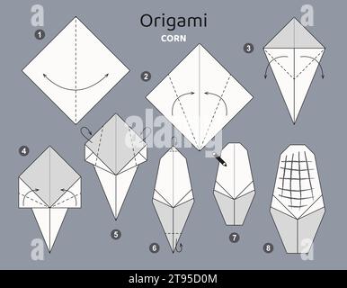 Origami-Tutorial für Kinder. Origami süßer Mais. Stock Vektor