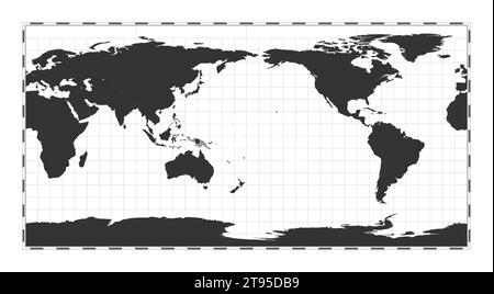 Vektor-Weltkarte. Äquirechteckige Projektion (Platte carree). Einfache geografische Weltkarte mit Breiten- und Längengraden. Zentriert auf 180 Grad Länge Stock Vektor