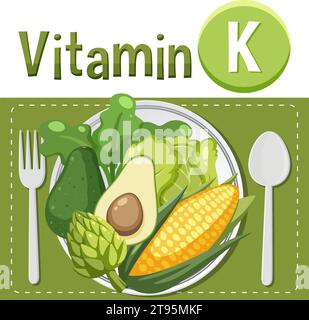 Erfahren Sie mehr über Vitamin-K-reiche Lebensmittel in einer lustigen Zeichentrickgrafik Stock Vektor