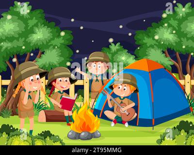 Junge und Mädchen campen im Wald Stock Vektor