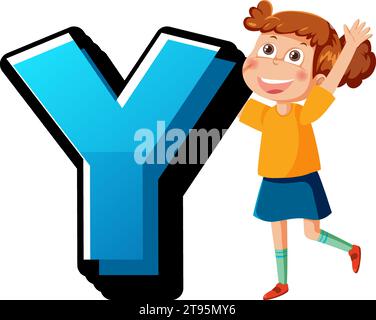 Bunte Vektor-Illustration mit einem Jungen und Mädchen Zeichentrickfigur neben dem Buchstaben Y in englischer Alphabet Schriftart Stock Vektor