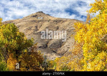 Letter M am Lookout Mountain (für die Colorado School of Mines) – Clear Creek im Herbst – Golden, Colorado, USA Stockfoto