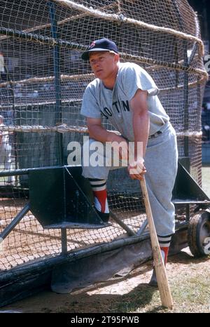 FL - MÄRZ 1956: Jackie Jensen #4 der Boston Red Sox posiert für ein Porträt neben dem Schlagkäfig vor einem Spring Training Spiel um März 1956 in Florida. (Foto von Hy Peskin) *** örtlicher Bildtitel *** Jackie Jensen Stockfoto