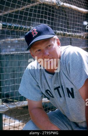 FL - MÄRZ 1956: Jackie Jensen #4 der Boston Red Sox posiert für ein Porträt neben dem Schlagkäfig vor einem Spring Training Spiel um März 1956 in Florida. (Foto von Hy Peskin) *** örtlicher Bildtitel *** Jackie Jensen Stockfoto