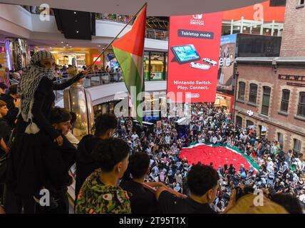 23. November 2023, Melbourne, Australien. Schulschüler aus Melbourne inszenieren Sit-in, während ein Demonstrant im zweiten Stock des Melbourne Central während eines Studentenbesuchs eine Flagge weht, um gegen den anhaltenden Krieg gegen Gaza zu protestieren, um Bewusstsein zu schaffen und einen Waffenstillstand zu fordern. Quelle: Jay Kogler/Alamy Live News Stockfoto