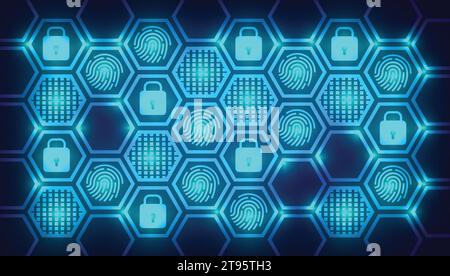 Cyber-Sicherheit und IT-Konzept. Fingerabdruck-Sicherheitskonzept. Abstrakter Hintergrund mit Sechsecken und Vorhängeschlössern Stock Vektor