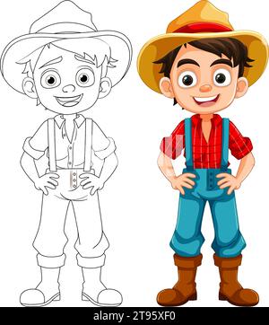 Ein fröhlicher Cartoon-Junge mit Farmer-Overalls und einem lächelnden Gesicht Stock Vektor