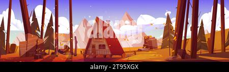 Cartoon-Herbstlandschaft mit Holzhütte auf Kippen im Wald mit orangefarbenem Laub auf Bäumen und Gras in der Nähe von Bergen. Vektor Herbst saisonale Landschaft mit gemütlicher Hütte oder Hotel für Camping und Urlaub Stock Vektor