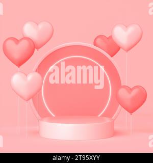 Leeres zylindrisches Podium mit Herzen. 3D-Rendering. Stockfoto