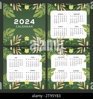 Kalendervorlage für das neue Jahr 2024 mit Leaves Hintergrund Stock Vektor