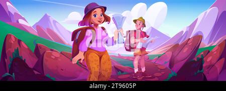 Touristen wandern in den Bergen mit Karten. Vektor-Karikaturillustration von Mann und Frau mit Rucksäcken lächelnd auf Reiseroute, Menschen genießen Urlaubstour und Naturerholung, aktiven Lebensstil Stock Vektor