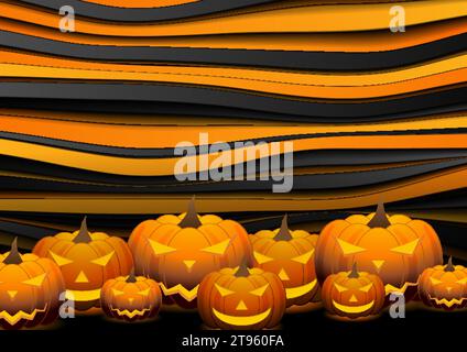 Orange Halloween lächelnde Kürbisse und flüssige Wellen abstrakter Hintergrund. Vektor Jack O Laterne Urlaub Design Stock Vektor