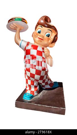 Escondido, CA - 10-30-2023: Big Boy Restaurant Kette Maskottchen, gebraucht von 1988 bis 2020, ein molliger Junge mit einem Big Boy Sandwich (Doppeldecker Cheesebur) Stockfoto