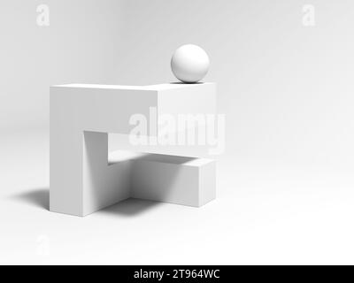 Abstrakte weiße geometrische Installation mit einer Kugel auf einem kubischen Objekt, 3D-Darstellung Stockfoto