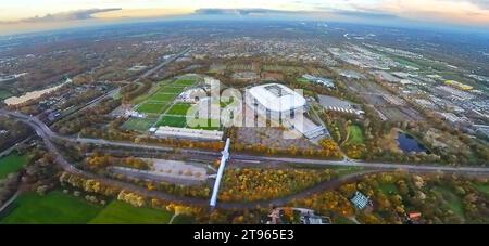 Luftbild, Bundesligastadion Veltins-Arena des FC Schalke 04, auch Arena AufSchalke Fußballstadion, Berger Feld mit Trainingsplätzen und Hotelanlagen an der Autoban A2, Erdkugel, Fisheye Aufnahme, Fischaugen Aufnahme, 360 Grad Aufnahme, winzige Welt, kleiner Planet, Fisheye Bild, Erle, Gelsenkirchen, Ruhrgebiet, Nordrhein-Westfalen, Deutschland ACHTUNGxMINDESTHONORARx60xEURO *** Luftansicht Bundesligastadion Veltins Arena des FC Schalke 04, auch Arena AufSchalke Fußballstadion, Berger Feld mit Trainingsgelände und Hoteleinrichtungen an der A2, Globus, Fischaugenbild, Fischaugenbild, 360 Grad Stockfoto