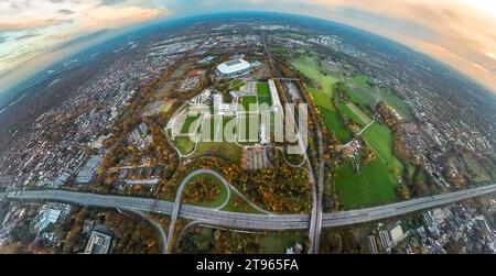 Luftbild, Bundesligastadion Veltins-Arena des FC Schalke 04, auch Arena AufSchalke Fußballstadion, Berger Feld mit Trainingsplätzen und Hotelanlagen an der Autoban A2, Erdkugel, Fisheye Aufnahme, Fischaugen Aufnahme, 360 Grad Aufnahme, winzige Welt, kleiner Planet, Fisheye Bild, Erle, Gelsenkirchen, Ruhrgebiet, Nordrhein-Westfalen, Deutschland ACHTUNGxMINDESTHONORARx60xEURO *** Luftansicht Bundesligastadion Veltins Arena des FC Schalke 04, auch Arena AufSchalke Fußballstadion, Berger Feld mit Trainingsgelände und Hoteleinrichtungen an der A2, Globus, Fischaugenbild, Fischaugenbild, 360 Grad Stockfoto