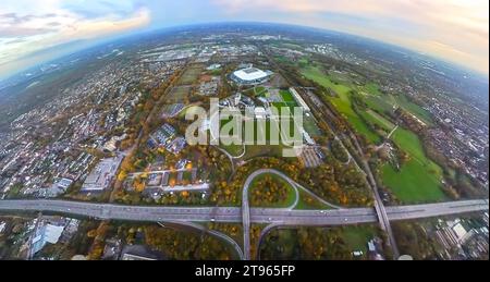 Luftbild, Bundesligastadion Veltins-Arena des FC Schalke 04, auch Arena AufSchalke Fußballstadion, Berger Feld mit Trainingsplätzen und Hotelanlagen an der Autoban A2, Erdkugel, Fisheye Aufnahme, Fischaugen Aufnahme, 360 Grad Aufnahme, winzige Welt, kleiner Planet, Fisheye Bild, Erle, Gelsenkirchen, Ruhrgebiet, Nordrhein-Westfalen, Deutschland ACHTUNGxMINDESTHONORARx60xEURO *** Luftansicht Bundesligastadion Veltins Arena des FC Schalke 04, auch Arena AufSchalke Fußballstadion, Berger Feld mit Trainingsgelände und Hoteleinrichtungen an der A2, Globus, Fischaugenbild, Fischaugenbild, 360 Grad Stockfoto