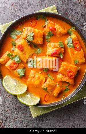 Sri-lankische Fischcurry, Thora Malu nähert sich einem Teller auf dem Tisch. Vertikale Draufsicht von oben Stockfoto