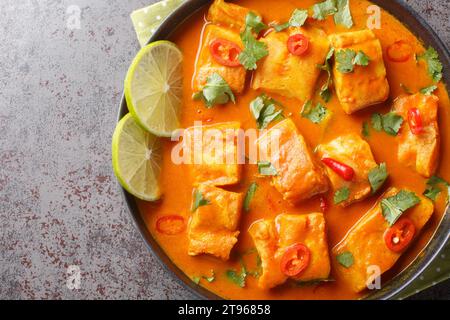 Traditionelles Sri-lankisches Fisch-Curry mit weißem Fisch, gefüllt mit asiatischen Gewürzen, auf einem Teller auf dem Tisch. Horizontale Draufsicht von oben Stockfoto