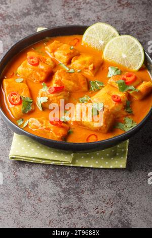 Sri-lankische Fischcurry, Thora Malu nähert sich einem Teller auf dem Tisch. Vertikal Stockfoto