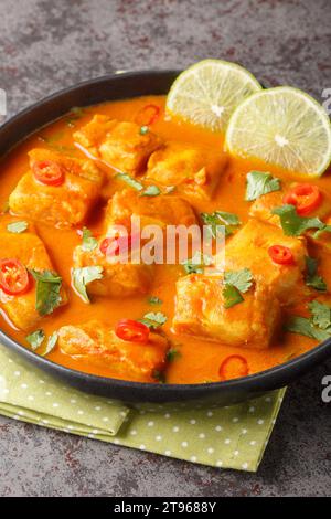 Sri Lanka Kokos-Tomaten-Fisch-Curry nah auf einem Teller auf dem Tisch. Vertikal Stockfoto