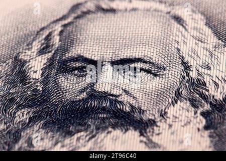 Karl Marx ein Nahaufnahme-Porträt aus dem alten deutschen Geld - Mark Stockfoto