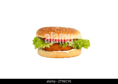 Fisch Burger Fischburger Hamburger Käse isoliert auf weißem Hintergrund Stockfoto