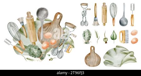 Küchenutensilien sind Einzelteile auf einem isolierten Hintergrund. Aquarellillustration zum Kochen. Stockfoto