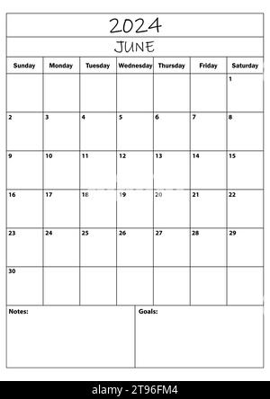 Planer für Juni 2024. Kalenderplaner. Einfacher minimaler Kalender. Vektorabbildung. Daily Planner Design 2024. Organisator für Lebensplanung Stock Vektor