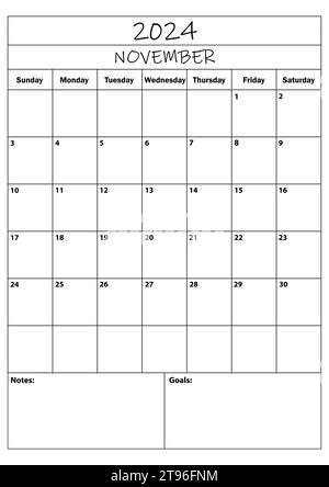 Planer für November 2024. Kalenderplaner. Einfacher minimaler Kalender. Vektorabbildung. Daily Planner Design 2024. Organisator für Lebensplanung Stock Vektor