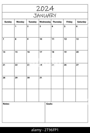 2024 Planer für JANAURY. Kalenderplaner. Einfacher minimaler Kalender. Vektorabbildung. Daily Planner Design 2024. Organisator für Lebensplanung. Stock Vektor