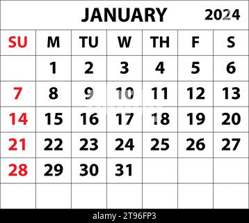 2024 januar Monat Kalender Farbe Vektor Illustrator Kalender Design. Stock Vektor