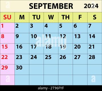 2024 SEPTEMBER Monatskalender Farbvektor Illustrator Kalenderdesign. Einfacher minimaler Kalender. Vektorabbildung. Monatskalender Design 2024. Stock Vektor