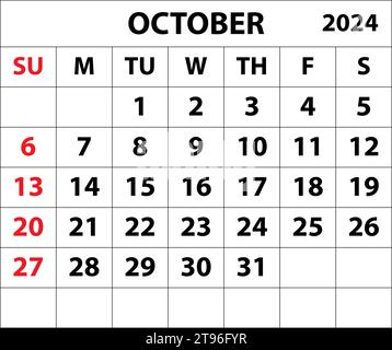2024 Oktober Monatskalender Farbvektor Illustrator Kalenderdesign. Stock Vektor