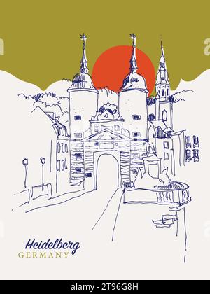 Vektor-handgezeichnete Skizze Illustration der Karl-Theodor-Bogenbrücke in Heidelberg, die den Neckar überquert Stock Vektor