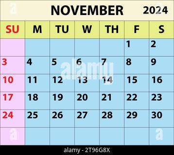 2024 November Monatskalender Farbvektor Illustrator Kalenderdesign. Einfacher minimaler Kalender. Vektorabbildung. Monatskalender Design 2024. Stock Vektor