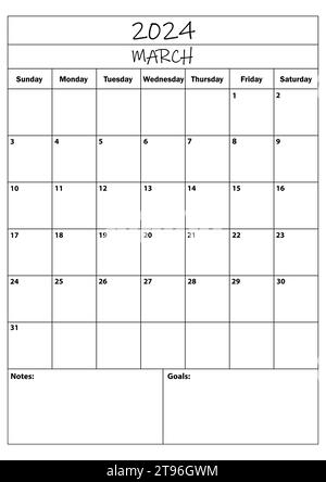 Planer für märz 2024. Kalenderplaner. Einfacher minimaler Kalender. Vektorabbildung. Daily Planner Design 2024. Organisator für Lebensplanung Stock Vektor