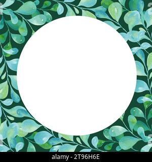 Runder Rahmen mit Aquarell, weißer Kreis mit grünen und blauen Blättern, Verlaufsillustration, Skizze, grüne und blaue Farbe, Kräuterschmuck isoliert auf Dunkelheit Stockfoto