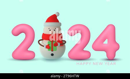 Frohes Neues Jahr. Weihnachtsschneemann mit rosafarbenen 2024 Nummern aus Kunststoff. Realistisches 3D-Rendering. Vektorabbildung Stock Vektor